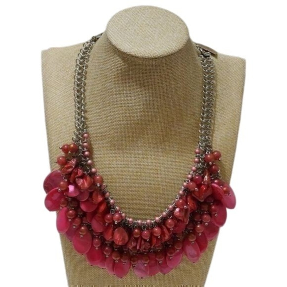 Treska Gypsy Pink Mother of Pearl Shell Statement Bib Necklace Silver Chunky New
